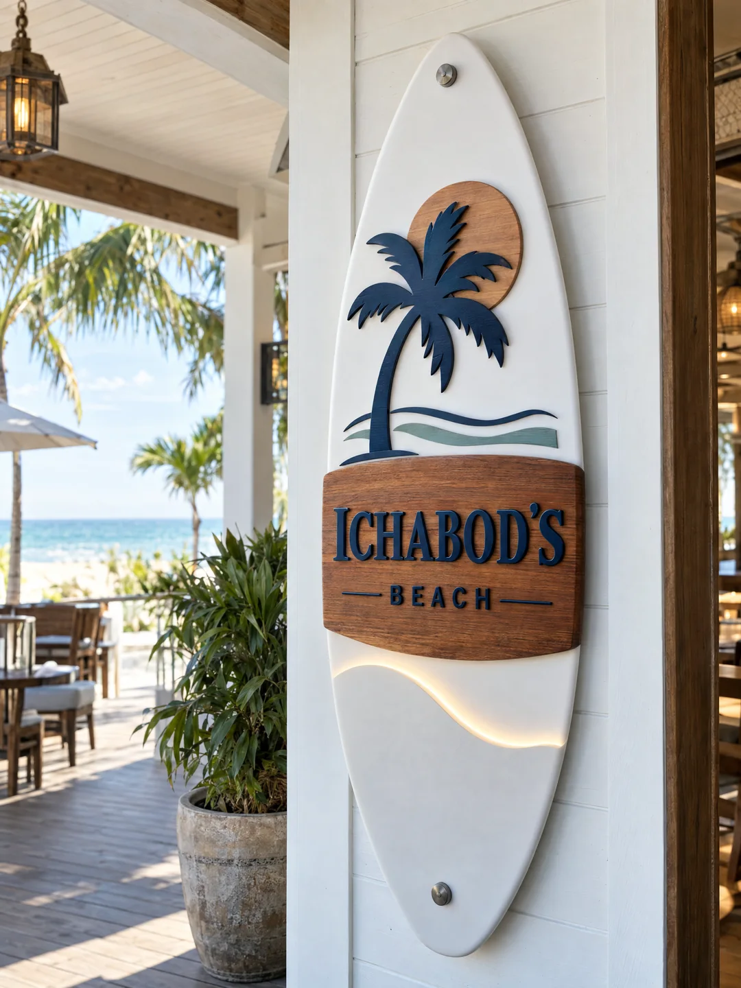 Surfboard-shaped custom beach sign concept
