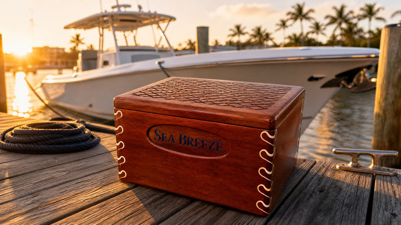 Custom wood marine storage box on a Florida dock beside a center-console boat