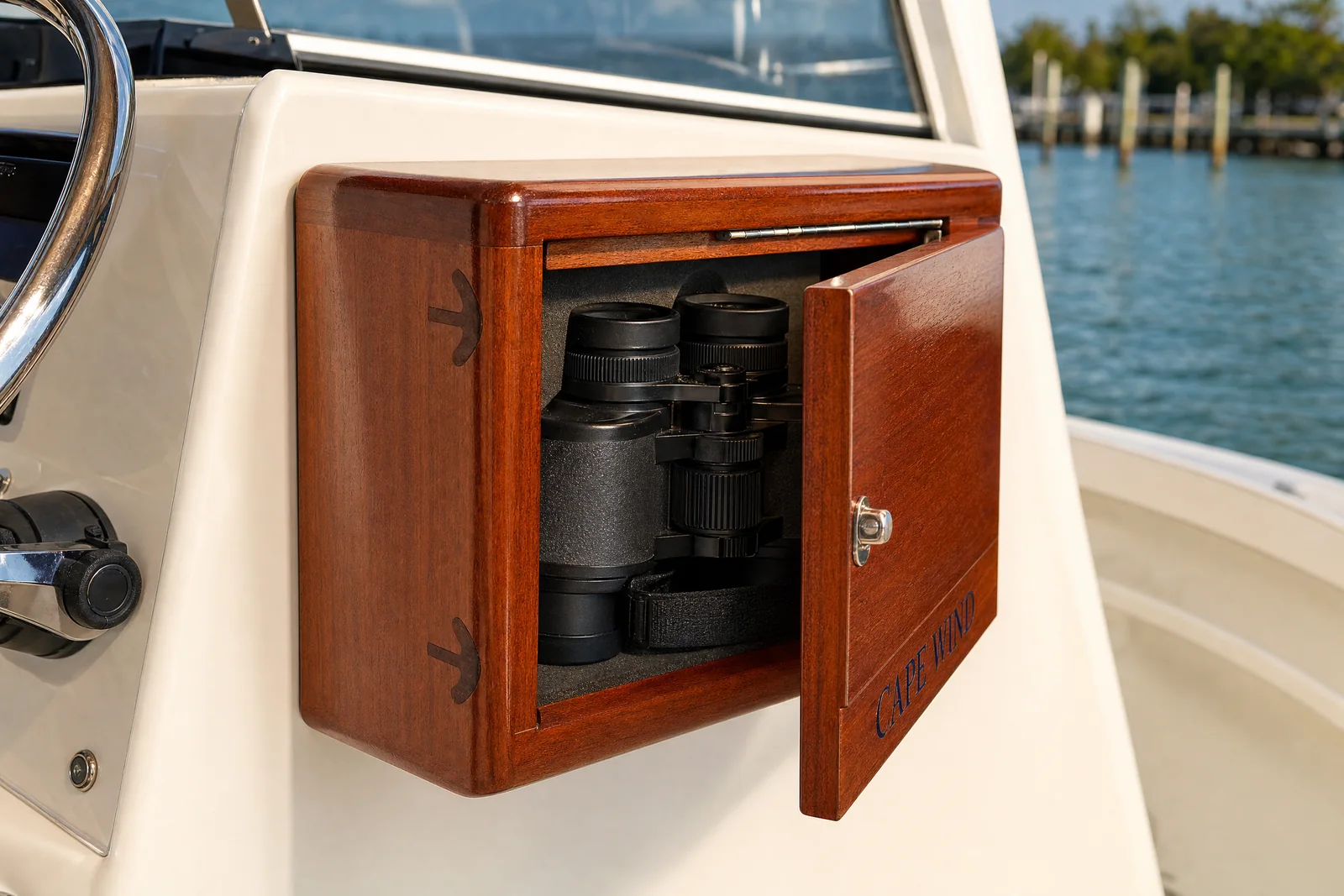 Custom wood binocular box mounted at a boat helm