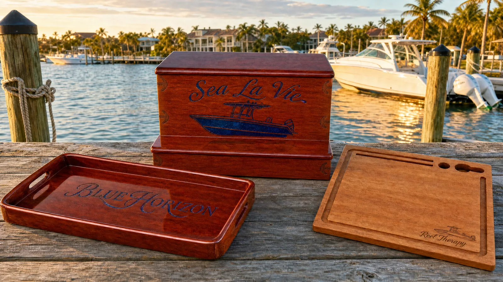 Custom marine storage box, serving tray, and cutting board arranged on a Florida dock
