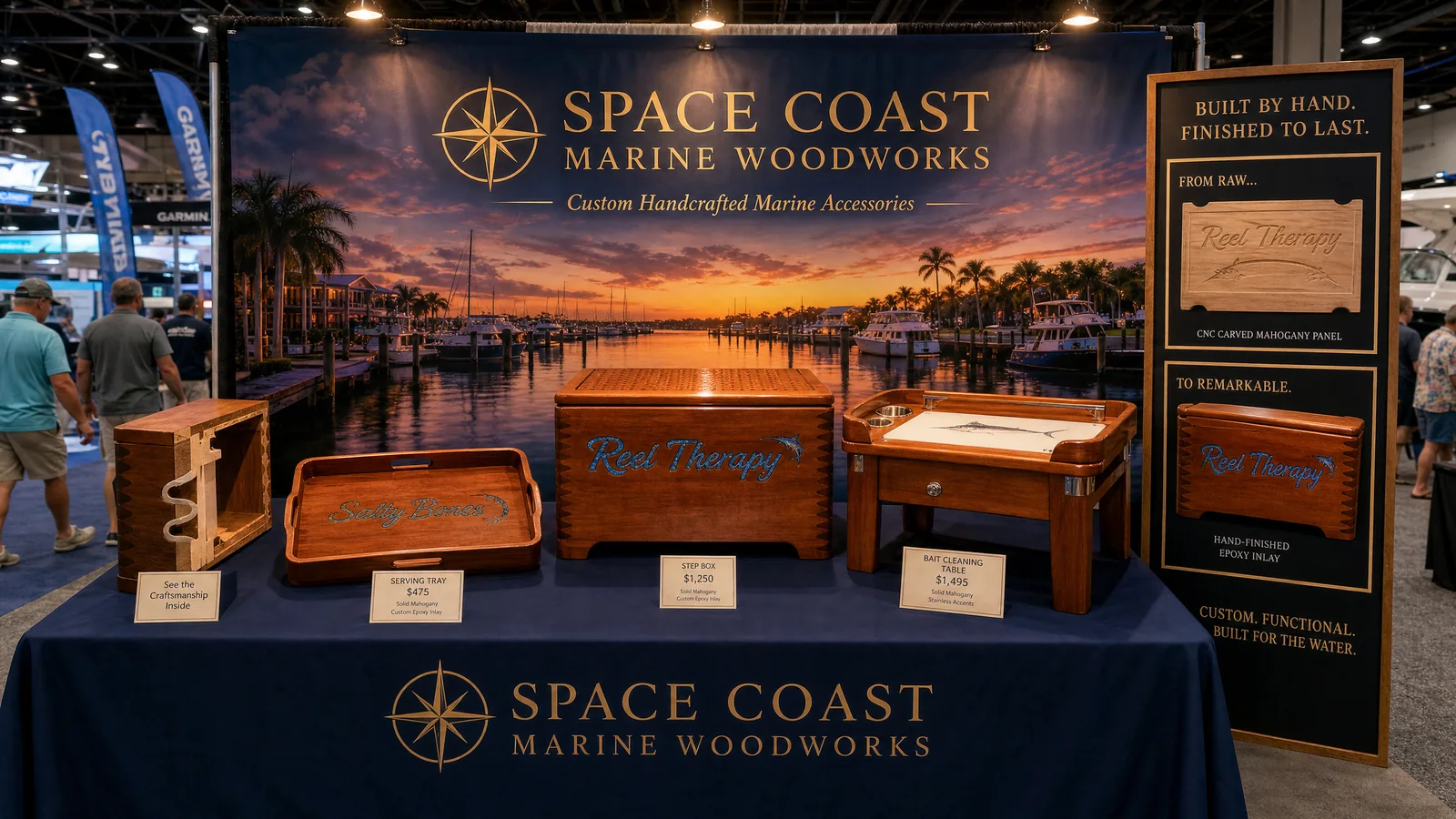 SCMW marine woodworking product display concept at a boat show