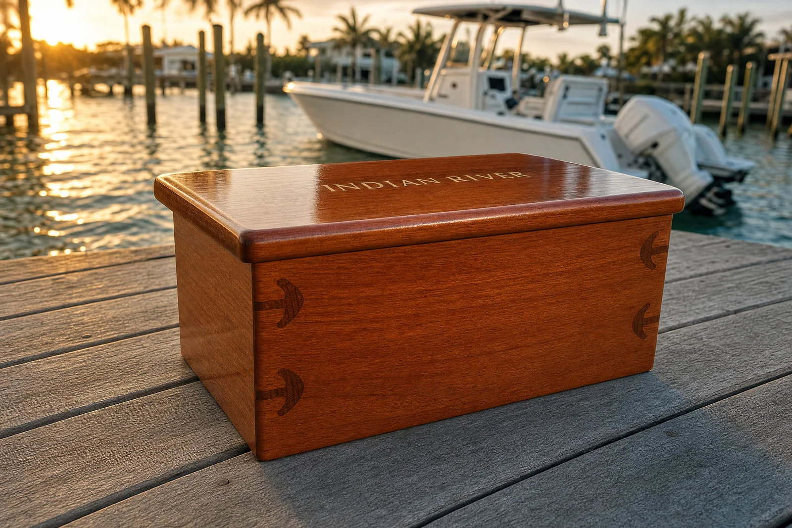 Custom wood step box on a dock beside a center-console boat