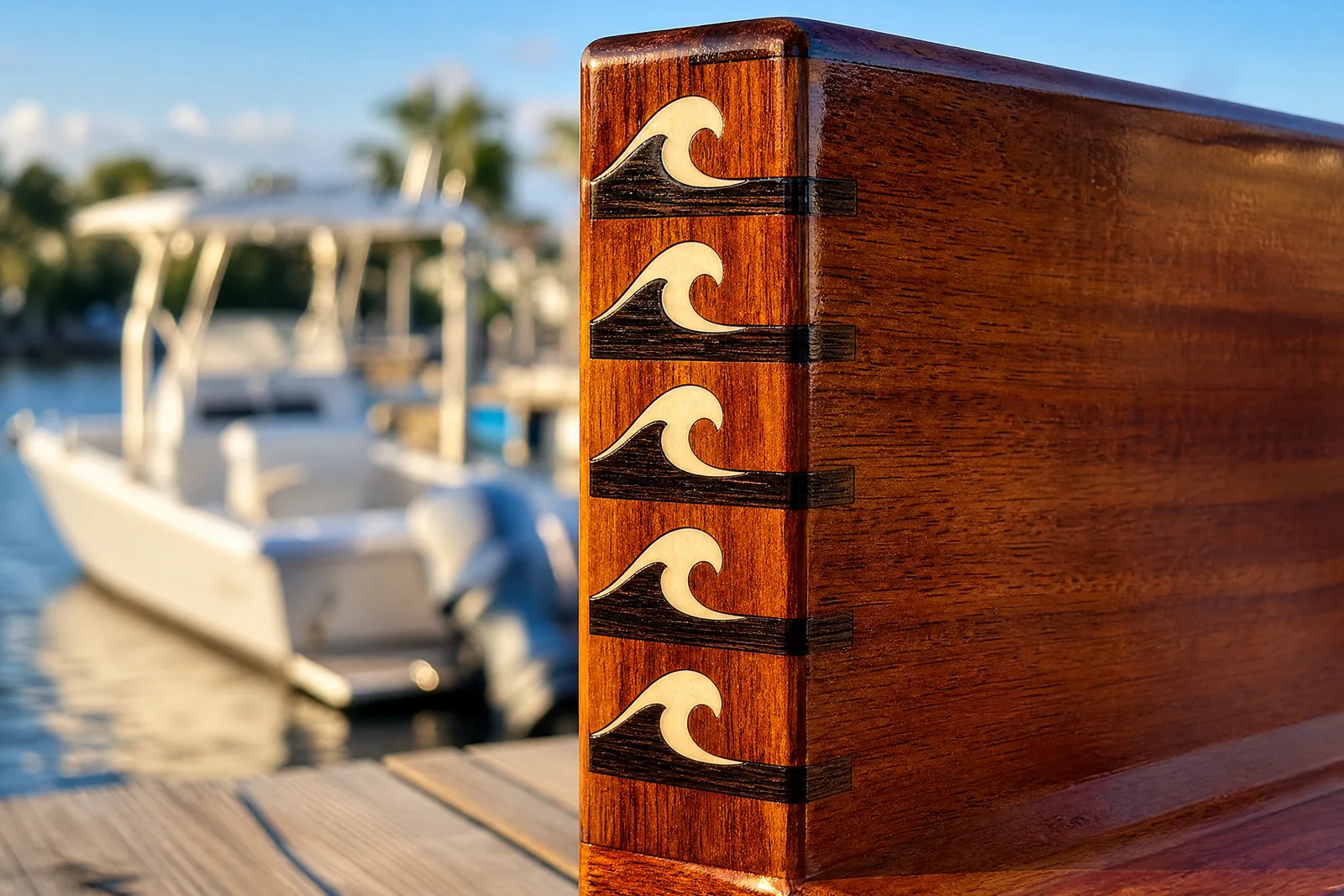 Decorative wave joinery detail on a custom marine wood box